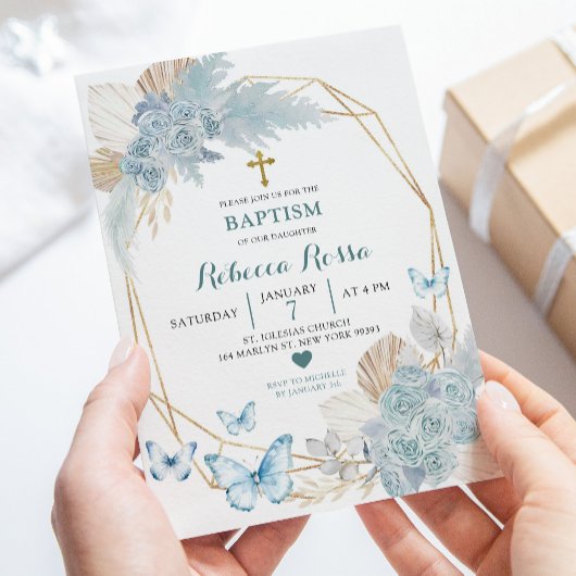 Invitation Baptême géométrique du papillon floral bleu Boho