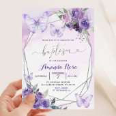 Invitation Baptême géométrique du papillon floral mauve