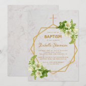 Invitation Baptême géométrique en marbre blanc or floral (Devant / Derrière)