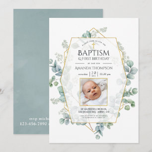 Invitation Baptême géométrique Eucalyptus 1er Anniversaire