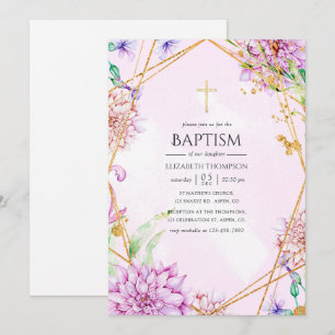 Invitation Baptême géométrique floral pourpre et or