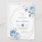 Invitation Baptême géométrique florale d'argent bleu poussiér (Devant)