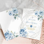 Invitation Baptême géométrique florale d'argent bleu poussiér