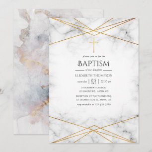 Invitation Baptême Géométrique Marbre Doré