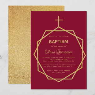 Invitation Baptême géométrique moderne or sur fond rouge Bour