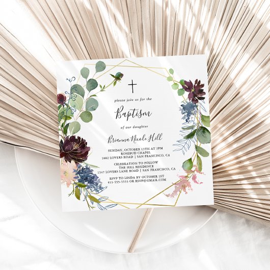 Invitation Baptême géométrique or burgundy