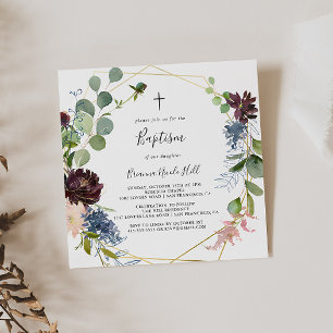 Invitation Baptême géométrique or burgundy