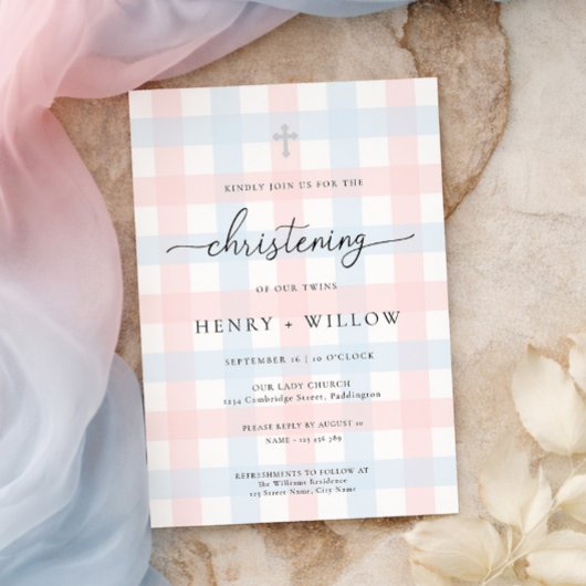 Invitation Baptême Gingham Rose Bleu