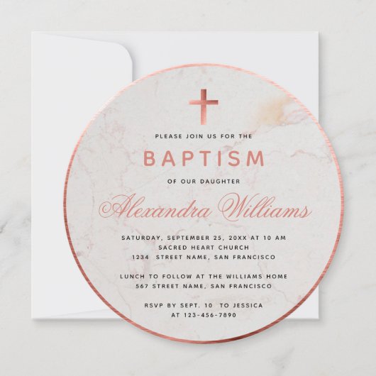 Invitation Baptême Girl Faux Rose Gold Marbre rose Script (Devant)