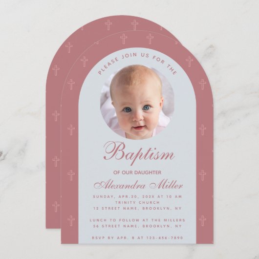 Invitation Baptême Girl Photo Arc moderne Dusty Rose Script (Devant / Derrière)