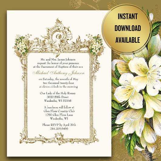 Invitation Baptême Gold Angels Floral Vintage