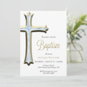Invitation Baptême Gold & Croix Bleue Classy (Debout devant)