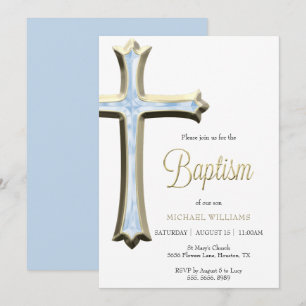 Invitation Baptême Gold & Croix Bleue Classy