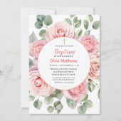 Invitation Baptême Gold Croix Roses roses roses Filles (Devant)