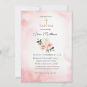 Invitation Baptême Gold Cross Rose Floral (Devant)