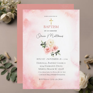 Invitation Baptême Gold Cross Rose Floral