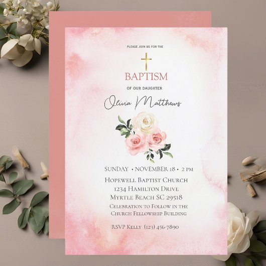 Invitation Baptême Gold Cross Rose Floral