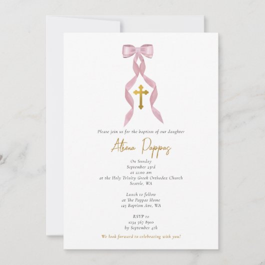Invitation Baptême grecque orthodoxe rose Bow fille baptême (Devant)