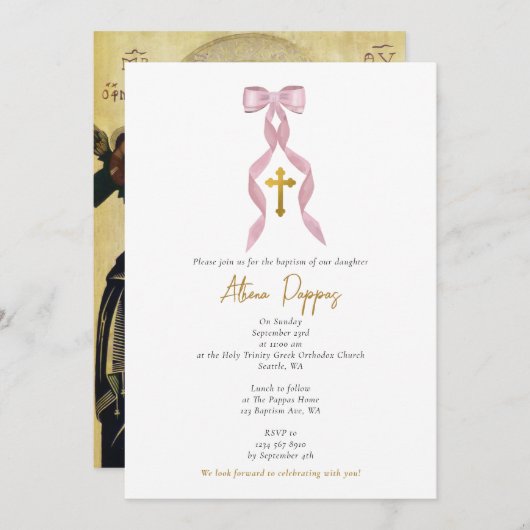 Invitation Baptême grecque orthodoxe rose Bow fille baptême (Devant / Derrière)