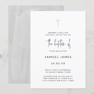 Invitation Baptême gris minimaliste moderne aquarelle manuscr