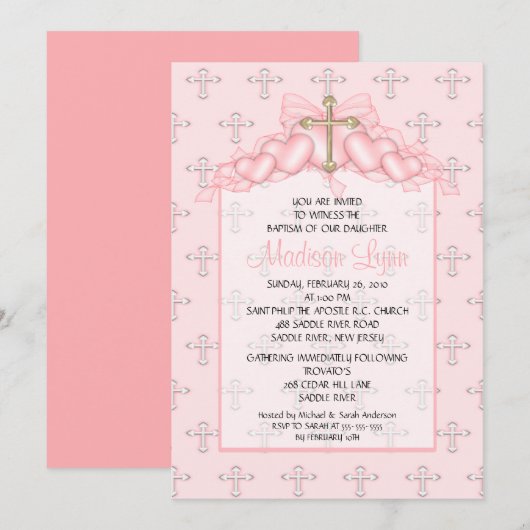 Invitation Baptême Inviation de bébé de croix et de coeurs (Devant / Derrière)