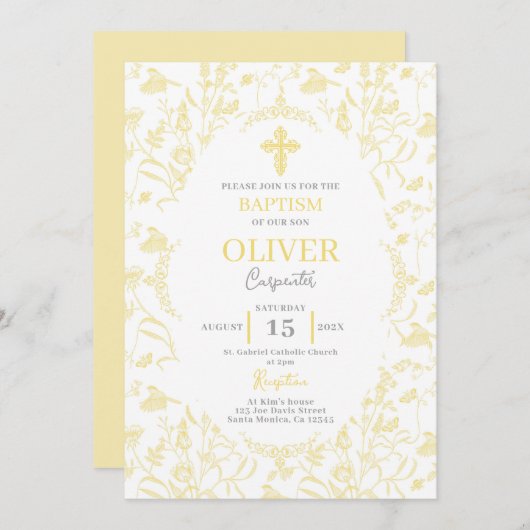 Invitation Baptême jaune toile (Devant / Derrière)