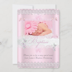 Invitation Baptême Jolie Fille Papillon Rose Dentelle Photo
