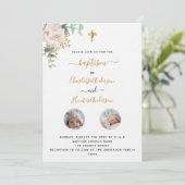Invitation Baptême jumeaux blanc floral photo luxe (Debout devant)