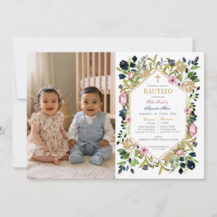 Invitation Baptême Jumeaux Fille et Garçon Fleurs Roses Bleue