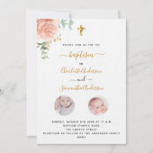 Invitation Baptême jumeaux filles blanc floral photo luxe (Devant)