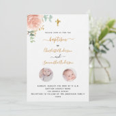 Invitation Baptême jumeaux filles blanc floral photo luxe (Debout devant)