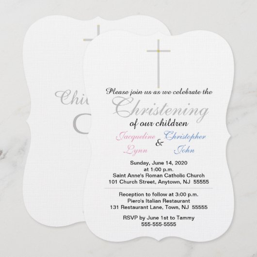 Invitation Baptême Jumeaux Rose Bleu (Devant / Derrière)