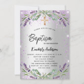 Invitation Baptême lavande argent violet scintille élégant (Devant)