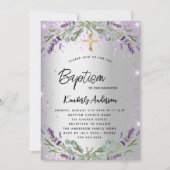 Invitation Baptême lavande argent violet scintille luxe (Devant)