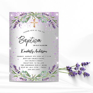 Invitation Baptême lavande argent violet scintille luxe