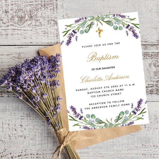 Invitation Baptême lavande violet fleuri eucalyptus luxe