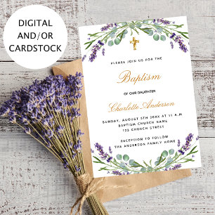 Invitation Baptême lavande violet fleurs eucalyptus vert