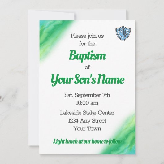 Invitation Baptême LDS Vert et Bleu (Devant)