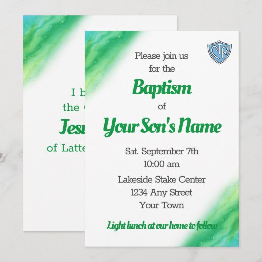 Invitation Baptême LDS Vert et Bleu (Devant / Derrière)