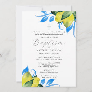 Invitation Baptême Lemon Foliage Religieux Italien Bleu