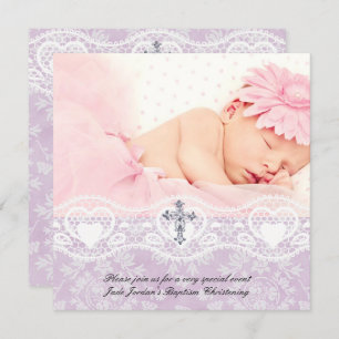Invitation Baptême Lilac Blanche dentelle photo Bijou Croix F
