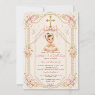 Invitation Baptême Luxueux & 1er Anniversaire Perles Bébé Nœu