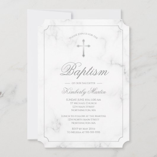 Invitation Baptême Marbre blanc Argent Croix Script photo (Devant)
