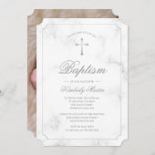 Invitation Baptême Marbre blanc Argent Croix Script photo (Devant / Derrière)