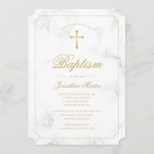 Invitation Baptême Marbre blanc Gold Cross Script Boy Photo