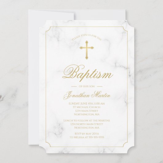 Invitation Baptême Marbre blanc Gold Cross Script Garçon (Devant)