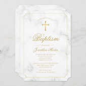 Invitation Baptême Marbre blanc Gold Cross Script Garçon (Devant / Derrière)