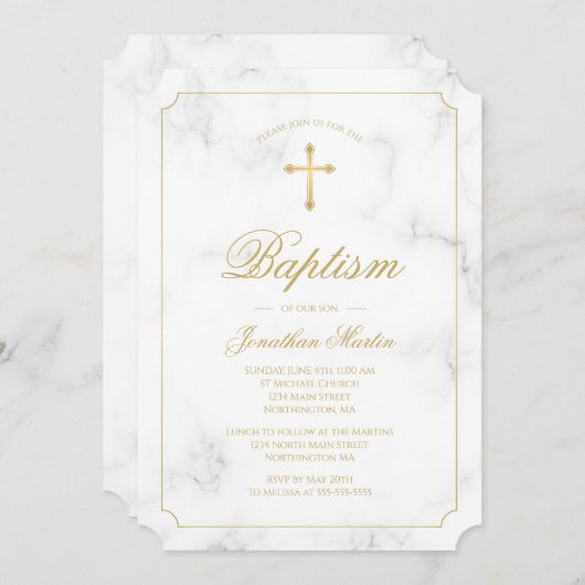 Invitation Baptême Marbre blanc Gold Cross Script Garçon (Devant / Derrière)