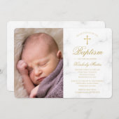Invitation Baptême Marbre blanc Gold Cross Script Photo Girl (Devant / Derrière)