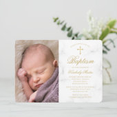 Invitation Baptême Marbre blanc Gold Cross Script Photo Girl (Debout devant)
